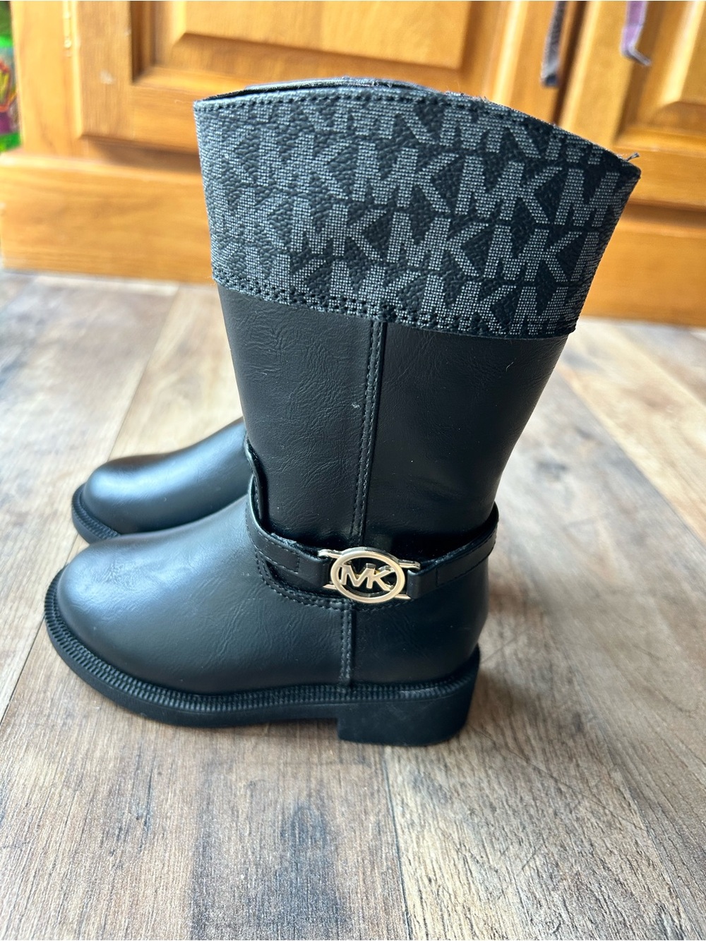 Michael Kors Toddler Black Logo-Trim Mid-Calf Boots with Gold MK Accent